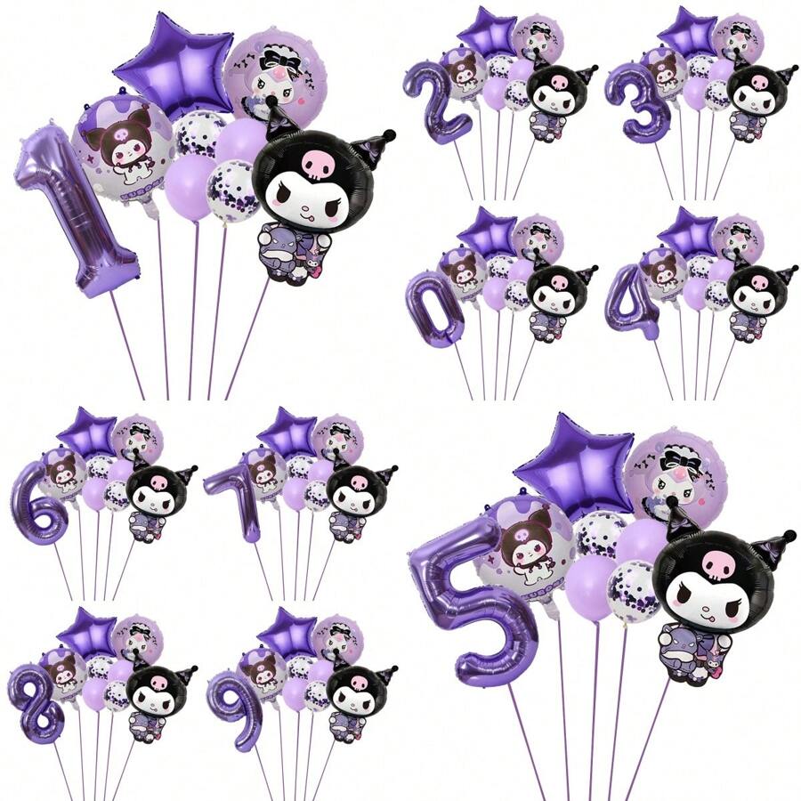 Set de 9 piezas (1 Set) Globos con tema de Kuromi de Dibujos Animados de Color Morado para Fiesta de Cumpleaños de 0 a 9 Años - Globos de Película de Aluminio con Diseño de Estrella, Número Digital, Estrella Negra y Morada, Kuromi de Sanrio - Decoración para Fiesta de Cumpleaños, Ceremonia de Graduación, Interior y Exterior - Suministros de Decoración con Imagen de Dibujos Animados Adorables para Fotografías y Fondo de Pared