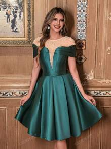 Faeriesty Vestido de malla y satén midi con adornos de perlas falsas para fiestas y eventos de cóctel, elegante atuendo formal de noche, vestido de invitada de boda
