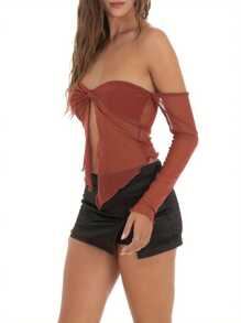 Women's Summer Sheer Tube Tops Solid Color Off Shoulder Front Knot Mesh T-Shirts