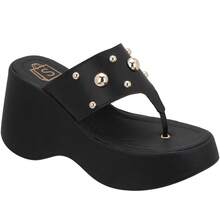 Tamanco Feminino de Dedo Plataforma Salto Alto Confortável com Enfeites Metálicas Sola Macia Confort - Preto - Visão 2
