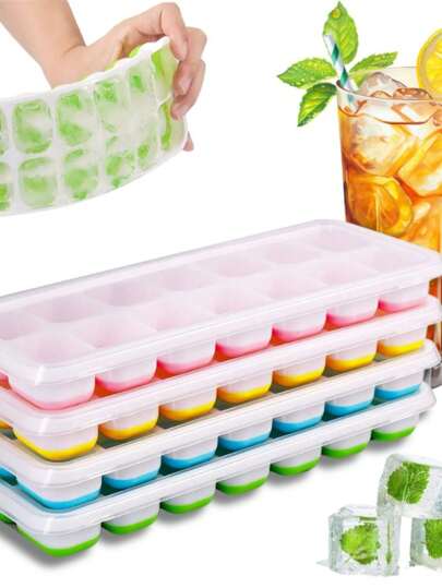 Forma de Gelo Silicone Tampa Rígida Flexível Fundo 14 Cubos Retangular Multiuso Lavável Bandeja