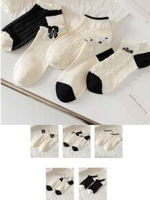5 Pairs Women Summer Thin Ankle Socks, Korean & Japanese Style White Lace Trim Socks, Boat Socks For Girls