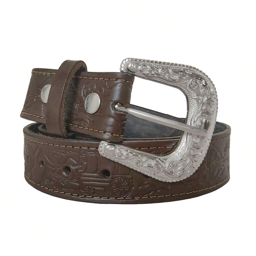 Women's Notched Leather Belt With Country Buckle - Rỉ Nâu - Xem 1