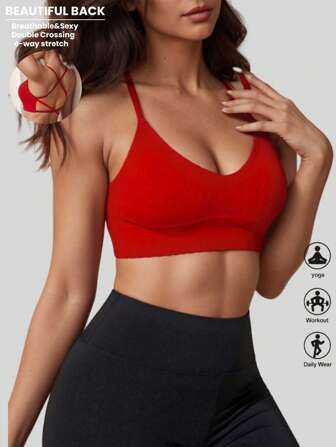 1-Piece Women's Seamless Knit Ribbed Sexy Bra, Wireless Cross Strap Backless Sports Bra
