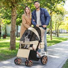 Foldable Dog Stroller For Small Middle Dogs, Pet Buggy With Reversible Handle, Mesh Windows, Cup Holder, 360° Rotating EVA Wheels With Brakes - Khaki - View 3