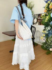 Large Capacity Thin Polka Dot Canvas Shoulder Bag, Suitable For Students