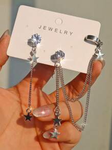 1 Pair Star Earring Set: Star Pendant Earrings, Y2K Star Charm Clip-On Earrings, Star Chain Dangle Earrings, Hollow Star Street Fashion Earrings, Couples Star Earrings, Star Chain Ear Decoration
