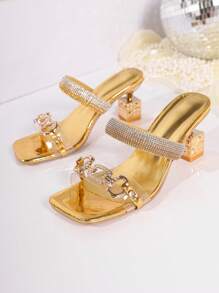 Women's High Heel Square Toe Rhinestone Decorated Sandals With Metal Chain, Fashion Dress Sandals With Unique Heel Shape