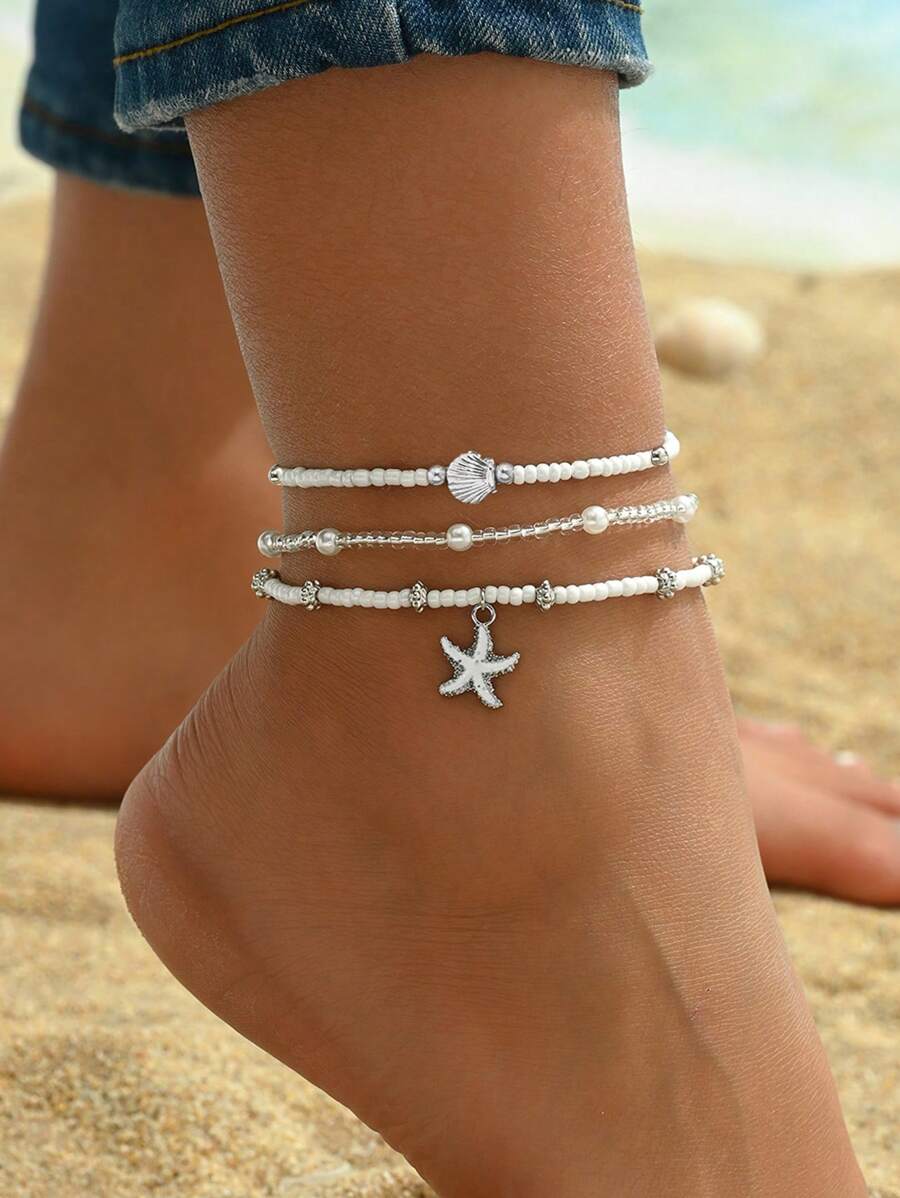 3pcs/Set Women Simple White Bead Pearl & Silver Starfish Shell Anklets, Suitable For Daily Wear And Holiday Travel - Multicolor - View 1