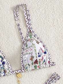 Women's New European And American Style Printed Bikini Swimsuit Set, Cute & Sexy Backless Tie Design, Suitable For Beach & Holiday - Purple - View 4