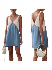 Women Mini Dress Sleeveless V Neck Contrast Color Tank Dress Summer Dress For Club Party