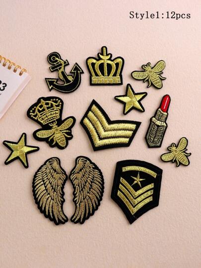 12pcs/21pcs/27pcs Set Gold Wing Star Crown Embroidered Iron-On Patches, Suitable For DIY Clothing And Accessories - Hats, Jeans, Jackets Etc. Unique Cute Cartoon Embroidered Applique Patches
