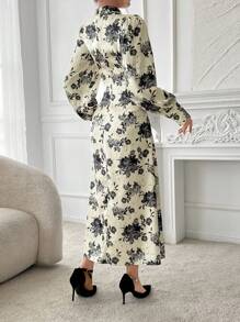 Women's Elegant Casual Ink Painting Print Long Dress, Lantern Sleeve/Small Stand Collar/Bodycon, Spring/Autumn - Color - View 2