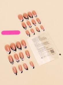24片杏仁形压合假指甲贴片，黑白撞色甜美酷炫法式女士指甲贴片，新款时尚指尖，配1片果冻胶和1片摩擦条，适合女性派对、舞会、日常休闲装，可拆卸可重复使用的按压指甲 - 彩色 - 查看 3