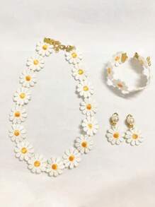 4 Stücke/Set Sommer Gänseblümchen Blumen Halskette Ohrringe Armband Schmuckset, buntes Stoff-Perlen-Blumen-Schmuckset - Verschiedenfarbig - Übersicht 8