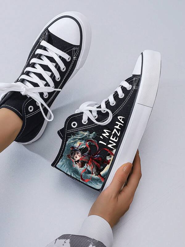 Women's Creative Printed Dragon & Pearls Mid-Top Flat Canvas Shoes, Minimalist Style, Black Canvas Material, Casual Sports Shoes For Daily Wear