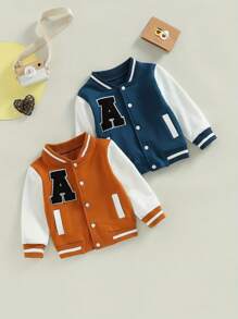 Chaquetas de béisbol para niños y niñas, de 12 M a 5T, con estampado de letras, color en contraste, manga larga, botones delanteros, abrigo de otoño e invierno. - Azul - Ver 7