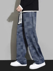 男款针织格纹直筒休闲裤