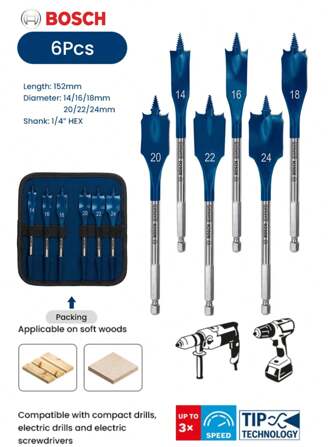  Set de brocas Bosch Expert Series de 152mm de longitud, brocas de fresado planas Expert Selfcut Speed para herramientas eléctricas de perforación en trabajos de madera
