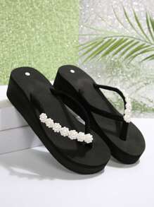 Moederdag cadeau, teenslippers, damessandalen met parelbloemdecoratie, open teen casual slippers, glanzende strandslippers voor vrouwen