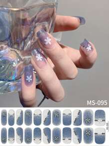 1 Pegatina de uñas con flores blancas degradadas de primavera/verano fresca y sencilla, pegatina de uñas francesas con líneas simples, pegatina de uñas autoadhesiva con estrellas de nieve navideñas, para usar a diario, en vacaciones y fiestas
