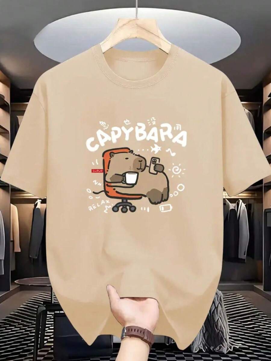 Women's Shirt With Capybara Print, Comfortable 100% Cotton T-Shirt - Màu Khaki - Xem 1