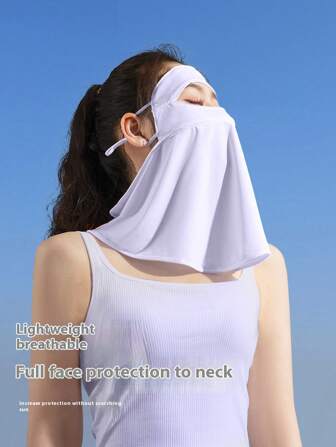 1pc Solid Color Sun Protection Face Cover For Women, UV Face Mask,Breathable Ice Silk Full Face Shield With Cooling Neck Gaiter For Outdoor Cycling, Ear Hanging Face Scarf Ski Mask,Suitable For Cycling,Riding Motorcycle And Skiing