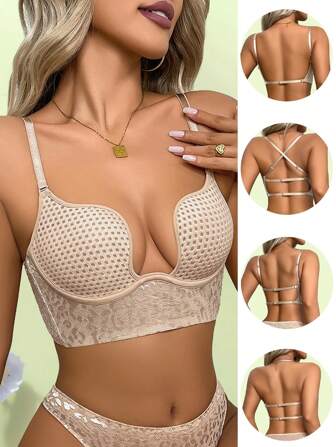 性感蕾丝U型露背内衣女士美背胸罩超薄隐形胸罩透气网眼文胸舒适法式内衣女士钢圈胸罩豹纹条纹内衣