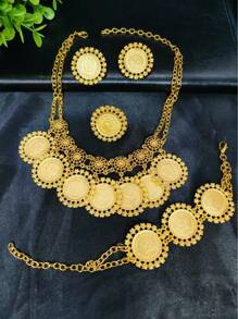 1 Set Women Fashion Coin Shaped Portrait Pendant Necklace, Earrings, Bracelet, And Ring Jewelry Set, Suitable For Middle East, Dubai, Europe, Africa, Wedding, Party, Date, Mother's Day, Holiday
