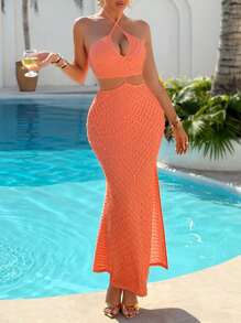 Women's Summer Sexy Fashionable Texture Fabric Halter Neck Waist Cutout Mermaid Long Dress