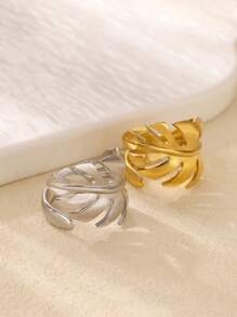 1 Pc Stainless Steel Leaf Shaped Open Ring, Suitable For Daily Wear