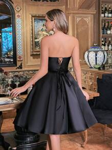 Elegant Strapless Ruched Front Lace-Up Back Satin Cocktail Party Dress, Wedding Guest Dress