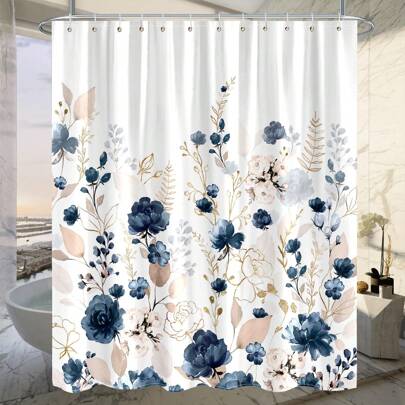 1pc Watercolor Blue Floral Pattern Shower Curtain, Suitable For Bathroom, Farmhouse Garden Style Decor, Waterproof Shower Curtain Set, Home Bathroom Decor, Autumn Decoration, Bathroom Accessories, Back To School Essential