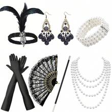 Lata 20. XX wieku, makijaż imprezowy dla kobiet, maskarada, kolczyki, elegancka, elegancka, ekskluzywna opaska na głowę, rękawiczki, bransoletka, uchwyt na papierosy, koronkowy wachlarz, 7-częściowy zestaw kostiumów imprezowych
