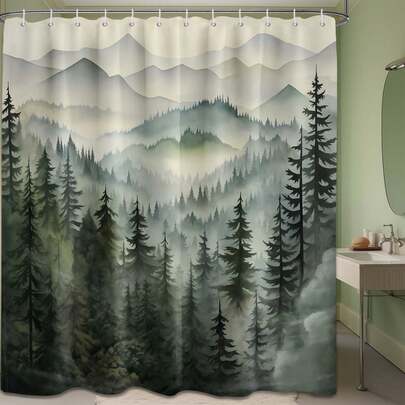 1pc Mountain Shower Curtain Forest, Nature Shower Curtains For Bathroom, Rustic Woodland Pine Tree Landscape Bathtub Curtain Men Bath Decor Christmas Decor
