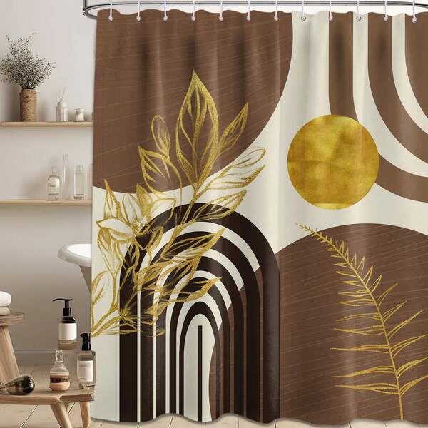 1PC Boho Mid Century Shower Curtain Black And Brown Shower Curtains For Bathroom Decor Beige And Dark Tan Gold Leaves Bath Curtain Set Christmas Decor