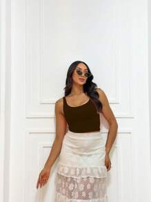 Cropped Tank Top With Thick Supplex Straps - Rust Brown - View 2