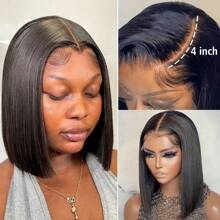 12 Inch Glueless 4x4 Lace Front Wig For Women Natural Black Brazilian Straight Human Hair 180% Density Transparent Lace Front Short Bob Cut With Youngsters Hair Pre-Plucked Glueless Wear(Bob Wig 10-14inch)