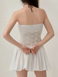 Women's Tube Top Dress Sleeveless Off Shoulder Front Ruched Lace Embroidery Backless Pleated Mini Dress For Party Club