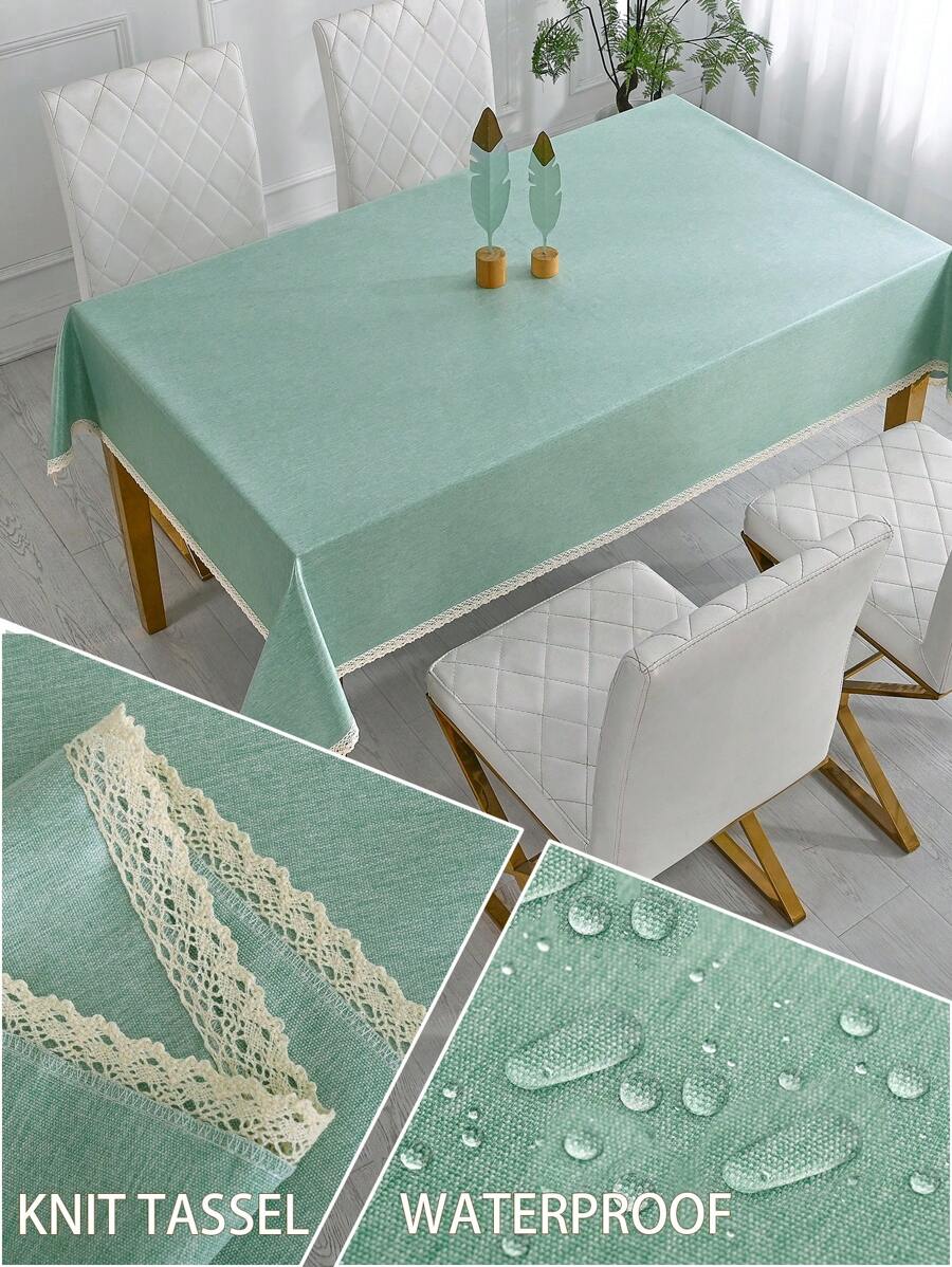 1pc Waterproof & Oil Resistant Tablecloth, TPU Coated Waterproof Tablecloth, Solid Color Meeting/Dining/Study Table Cover, Rectangle Picnic Mat With Tassel Fringe Edging