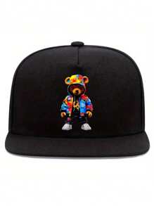 1pc "Doodle Bear" Print Unisex Streetwear Hip Hop Cap, Adjustable Brim Baseball Hat, Sports Cap