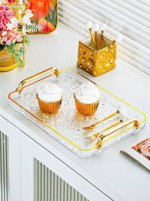 1 Piece, Luxury Acrylic Rectangular Tray With Handle, PET Material, Water Ripple Design, Perfect For Holidays And All Seasons, Perfect For Cakes, Snacks, Drinks, Etc