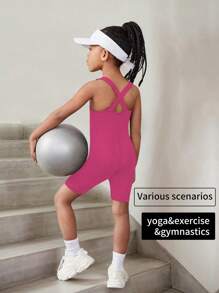1pc Girls Magenta Yoga Exercise Gymnastics Sports Unitard Shorts, Elastic Tight Comfortable Leggings