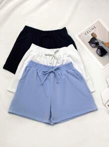 3pcs Summer Sweatshirt Shorts Kit With Drawstring Pocket For Women - Azul/Off/Preto - View 1