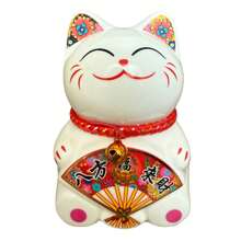 Small Lucky Cat Coin Bank - Feng Shui Maneki Neko Ceramic Piggy Bank For Good Luck & Prosperity, Feng Shui Ornament Money Fortune Cat Gift Decorations For Home, Office, Store - 4.75" Height - 風扇 2 - 查看 3
