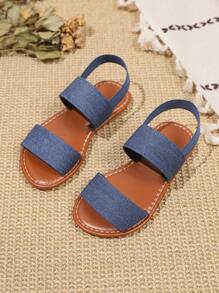 1 Paar Große Größen Kleinkind / Kleine Mädchen Hellblaue Einfarbige Segeltuch Riemen Verschluss Sandalen mit runder Zehenkappe, klassischer römischer Stil geeignet für 3-15 Jahre, Alltag Lässig, Schule, Reisen, Frühling/Sommer