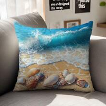 1 pieza Funda de almohada decorativa con diseño de conchas marinas de verano y playa, impresión unilateral en tela suave de melocotón, tamaño 45*45CM, adecuada para decoración interior, fiestas y regalos