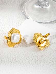 Mazuer 1pc 18K Gold Plated Vintage Stainless Steel Geometric Pearl Design Adjustable Open Ring, Suitable For Women, Characteristics For Spring/Summer, New Year, Western Party, Dating, Gift, Vacation