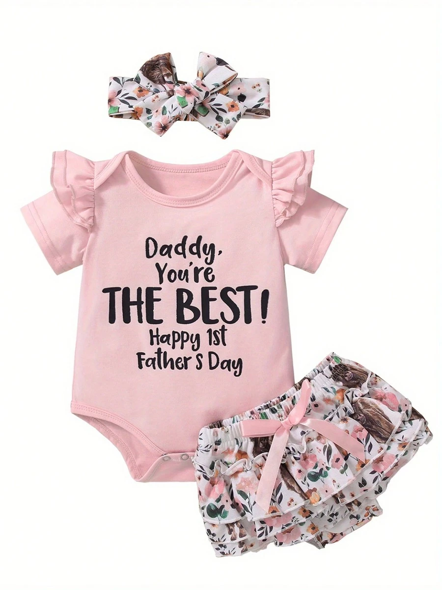 Baby Girls Fathers Day Outfits, Short Sleeve Romper + Bow Front Shorts + Headband Set