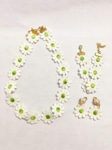 4 Stücke/Set Sommer Gänseblümchen Blumen Halskette Ohrringe Armband Schmuckset, buntes Stoff-Perlen-Blumen-Schmuckset - Verschiedenfarbig - Übersicht 9